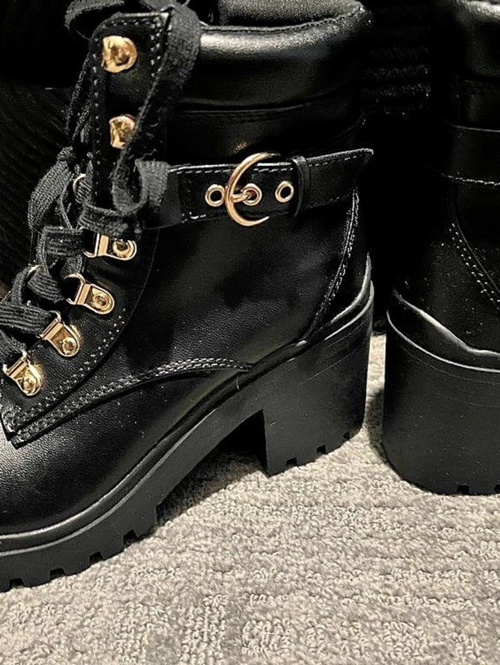 Black Combat Boots Gold-Tone Hardware  New - Picture 5 of 5